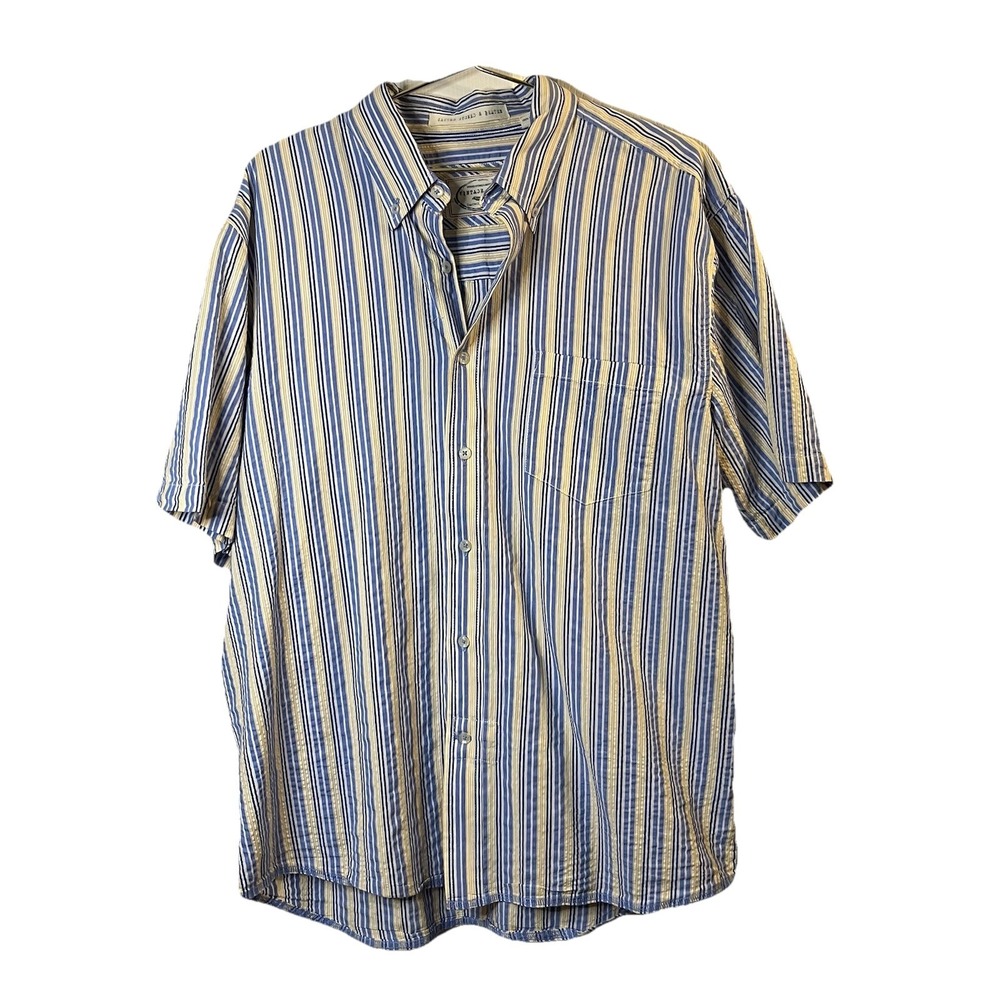 Washed Stoned & Beaten Vintage 1946 XL Cotton Striped Button-Down Shirt Blue